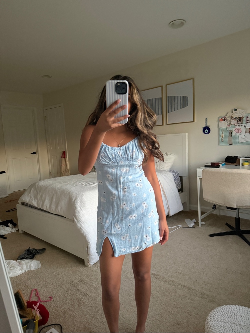 PacSun Light Blue Floral Mini Slip Dress with Front Slit